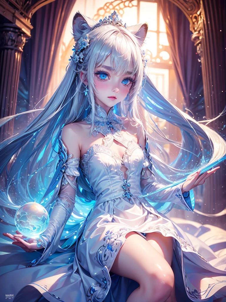 High quality, high resolution, fractal art, white hair and blue eyes, beautiful girl with long hair and white tiger, white dress with delicate embroidery, fantasy art, fantastic flower field, soap bubbles, Korean glitter eye makeup, very delicate makeup, glitter, small breasts 