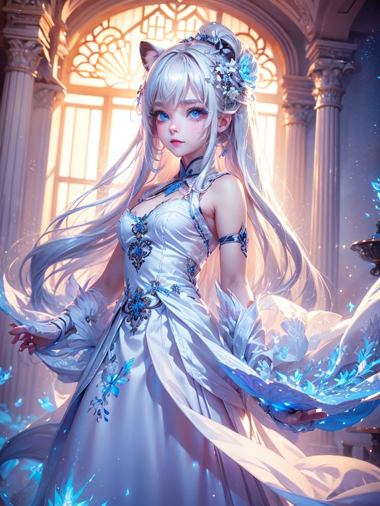 High quality, high resolution, fractal art, white hair and blue eyes, beautiful girl with long hair and white tiger, white dress with delicate embroidery, fantasy art, fantastic flower field, soap bubbles, Korean glitter eye makeup, very delicate makeup, glitter, small breasts