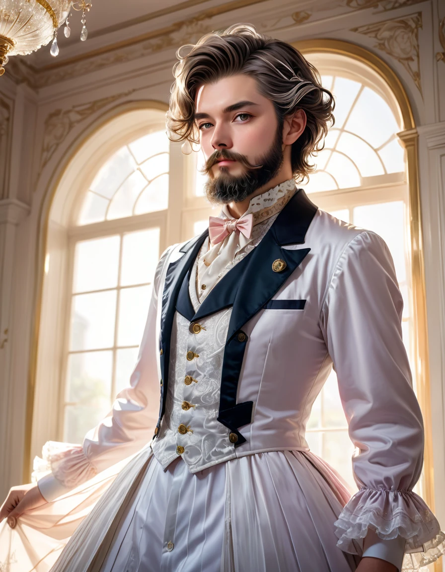 one dandy gentleman with a beard,Seventy-three parts of hair hardened with hair gel,wearing Lolita dress,(masterpiece), (best quality), (ultra-detailed), (illustration), (detailed light),(an extremely delicate and beautiful),natural light, wide angle shot,full body,and high quality photo.