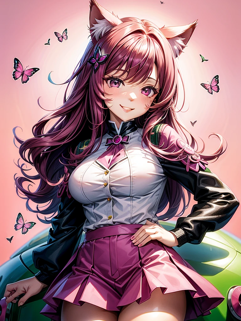 Magenta hair, brown eyes, older woman, long thick hair, pretty hair ornaments, smile face, happy, cat ears, sexy uniform outfit, butterflies, pink and green background 