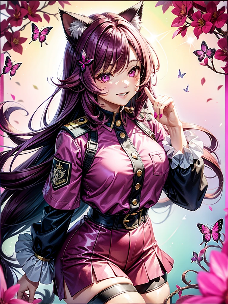 Magenta hair, brown eyes, older woman, long thick hair, pretty hair ornaments, smile face, happy, cat ears, sexy uniform outfit, butterflies, pink and green background 