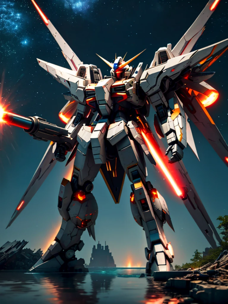 New launch century Gundam X, big moon, ((A fallen and destroyed space colony)), Desolate Land, Broken Building, Submerged town, lake surface, Floating on the water, (standing on tiptoe:1.8), Satellite Cannon, Beautiful scenery, high resolution, Beautiful night sky, Multicolored light, Clean light, large on the back4Feathers、water surface, Holding a huge beam cannon:1.8, ((carrying a large cannon on his 肩)), Fires a laser beam of incredible power、Laser beam from the moon、Super-high resolution、4K、countless stars、overlooking, I'm poised, Firing regime, Drone combat robot around、