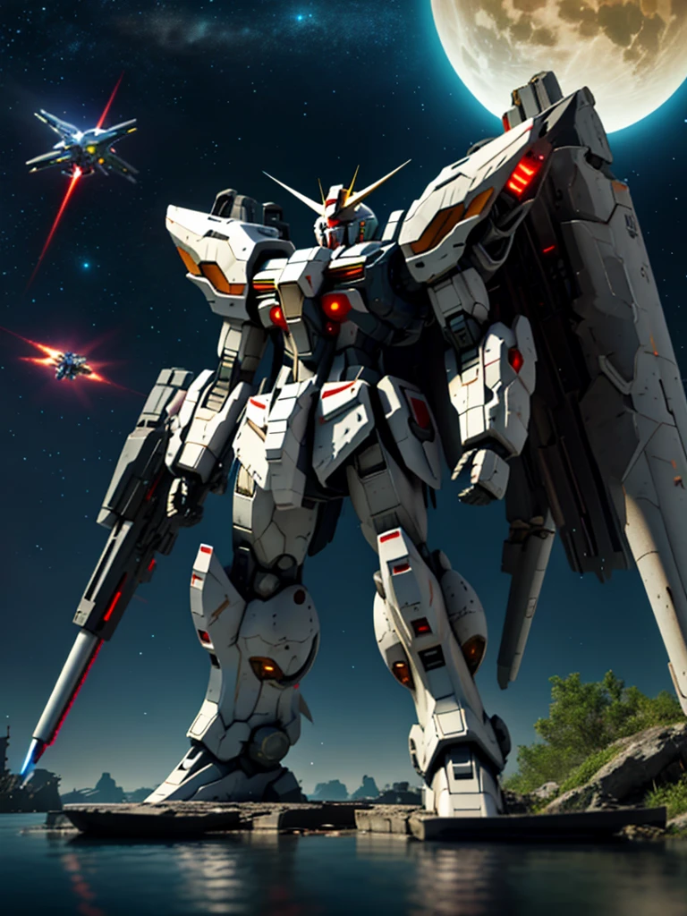 New launch century Gundam X, big moon, ((A fallen and destroyed space colony)), Desolate Land, Broken Building, Submerged town, lake surface, Floating on the water, (standing on tiptoe:1.8), Satellite Cannon, Beautiful scenery, high resolution, Beautiful night sky, Multicolored light, Clean light, large on the back4Feathers、water surface, Holding a huge beam cannon:1.8, ((carrying a large cannon on his 肩)), Fires a laser beam of incredible power、Laser beam from the moon、Super-high resolution、4K、countless stars、overlooking, I'm poised, Firing regime, Drone combat robot around、