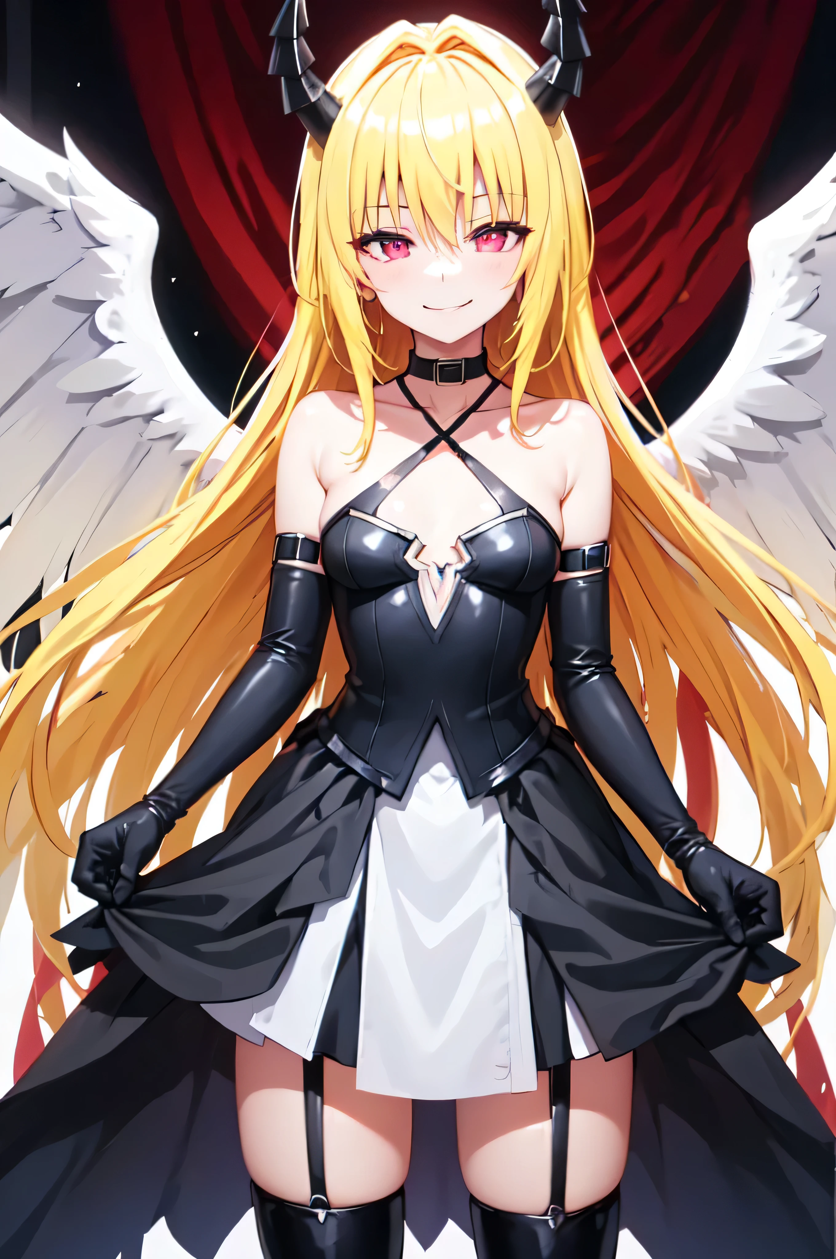 (masterpiece:1.6, best quality), (finely detailed beautiful eyes: 1.2), phyami, yamidarkness, 1girl, solo, blonde hair, wings, long hair, horns, red eyes, black wings, bare shoulders, hair intakes, collarbone, choker, demon horns, halterneck, feathered wings, collar, anime coloring, hair between eyes, criss-cross halter, black dress, demon girl, bangs, very long hair, light smile,
laugh at,too evil smile,too evil smirk,looking down at viewer,upper body,smile bad,deep shaded face,evil fall,latex elbow gloves,latex thighhigh boots,