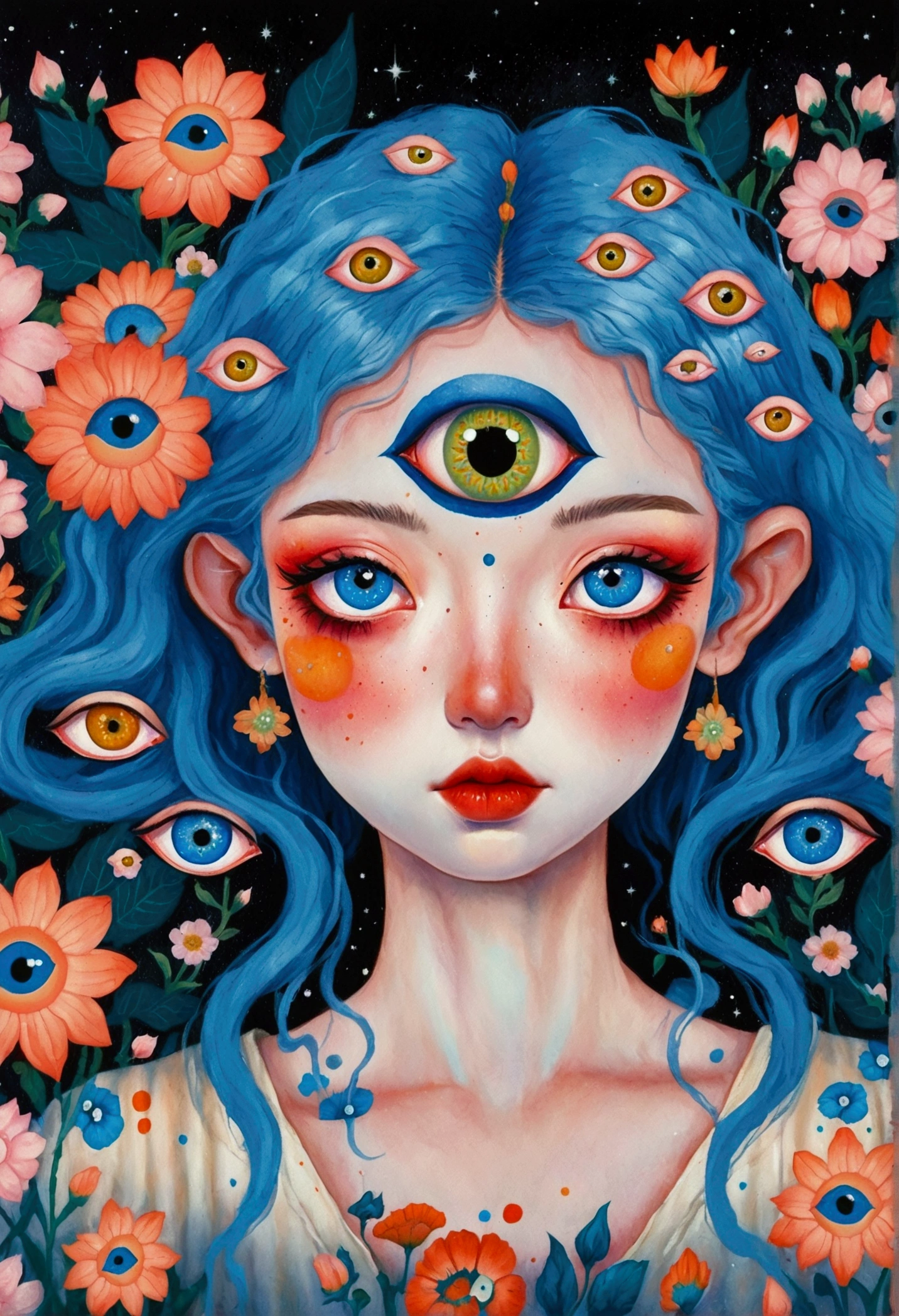painting of a woman with blue hair and blue eyes surrounded by flowers, pop surrealism lowbrow art style, lowbrow pop surrealism, japanese pop surrealism, third - eye visions, starry eyes, third eye, pop surrealism, portrait of a mystical giant eye, psychedelic illustration, many eyes on head, mystical eyes, pop surrealism art style, pop - surrealism