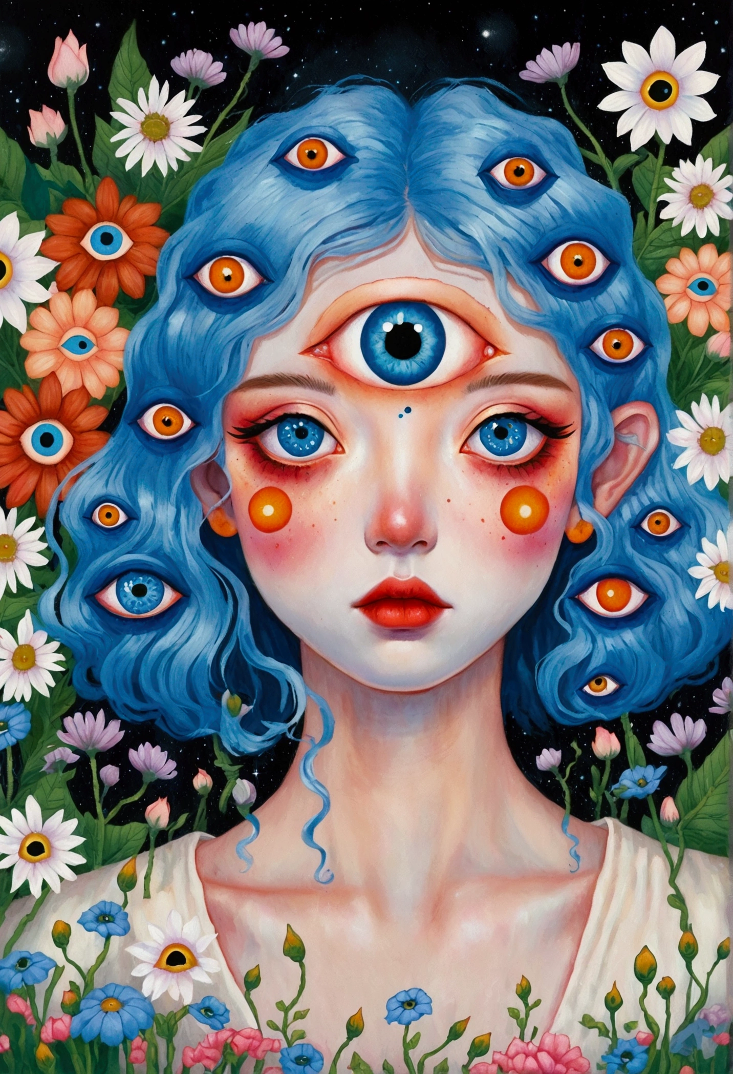 painting of a woman with blue hair and blue eyes surrounded by flowers, pop surrealism lowbrow art style, lowbrow pop surrealism, japanese pop surrealism, third - eye visions, starry eyes, third eye, pop surrealism, portrait of a mystical giant eye, psychedelic illustration, many eyes on head, mystical eyes, pop surrealism art style, pop - surrealism