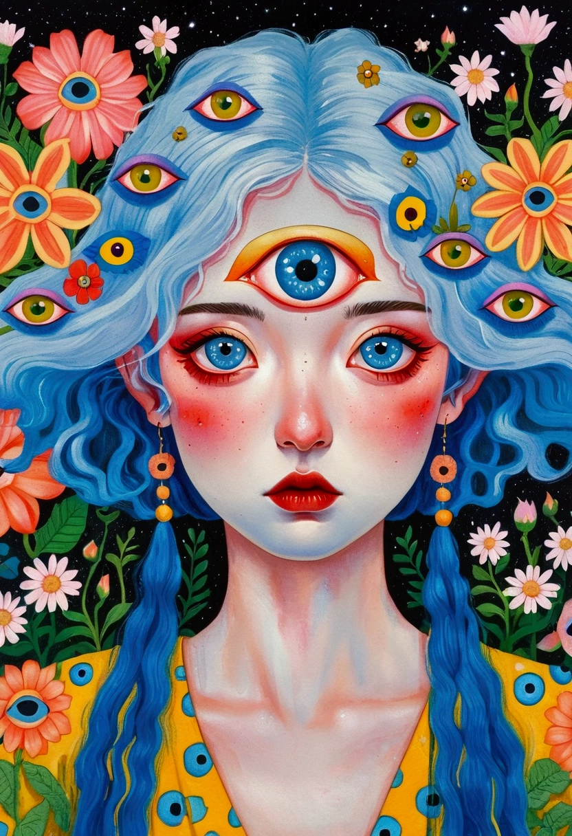 painting of a woman with blue hair and blue eyes surrounded by flowers, pop surrealism lowbrow art style, lowbrow pop surrealism, japanese pop surrealism, third - eye visions, starry eyes, third eye, pop surrealism, portrait of a mystical giant eye, psychedelic illustration, many eyes on head, mystical eyes, pop surrealism art style, pop - surrealism