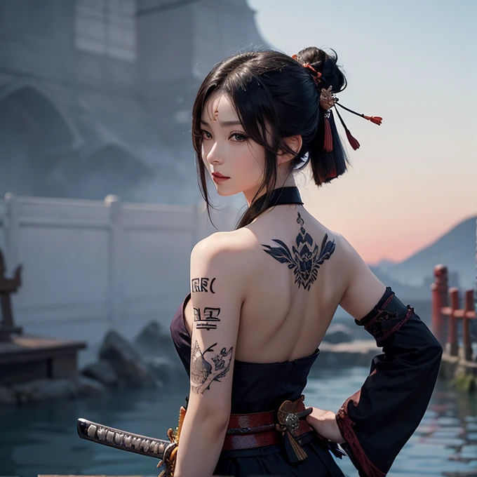 (Japanese sword &quot;Muramasa 2&quot;.0)Beautiful and pretty woman with、Tie your hair back、hair ornamentartial artists、Warrior、Crisp eyes、Tattoo on arm、samurai、