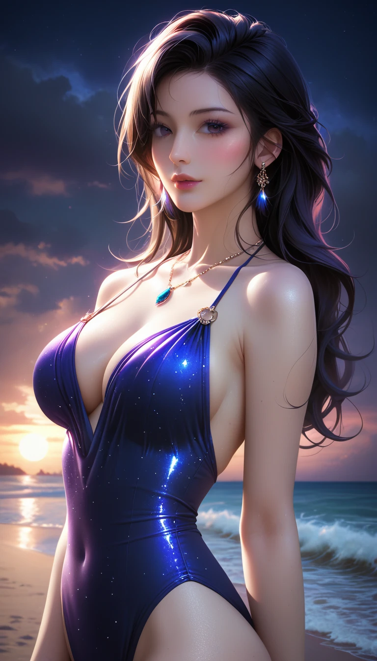 score_9, score_8_superior, score_7_superior, Masterpieces with up to 16K resolution,Highest quality,it is really amazing,Very detailed,Ultra-high resolution,(Ultra-realistic:1.1),(Realistic:1.1),Increased depth of field,Cinematic lighting,
Elegant Japanese MILF,
Long black hair,Ultra-detailed and beautiful face,Translucent white skin,Realistic skin texture,
(Elegant swimwear:1.1),
Bold design,Artistic design,Beautiful and detailed pattern,Detailed fabric texture,
Gorgeous necklace,Earrings,
(Deserted beach at night:1.4),(Dark night sky with dark clouds:1.4),
(Dramatic Angle:1.1),