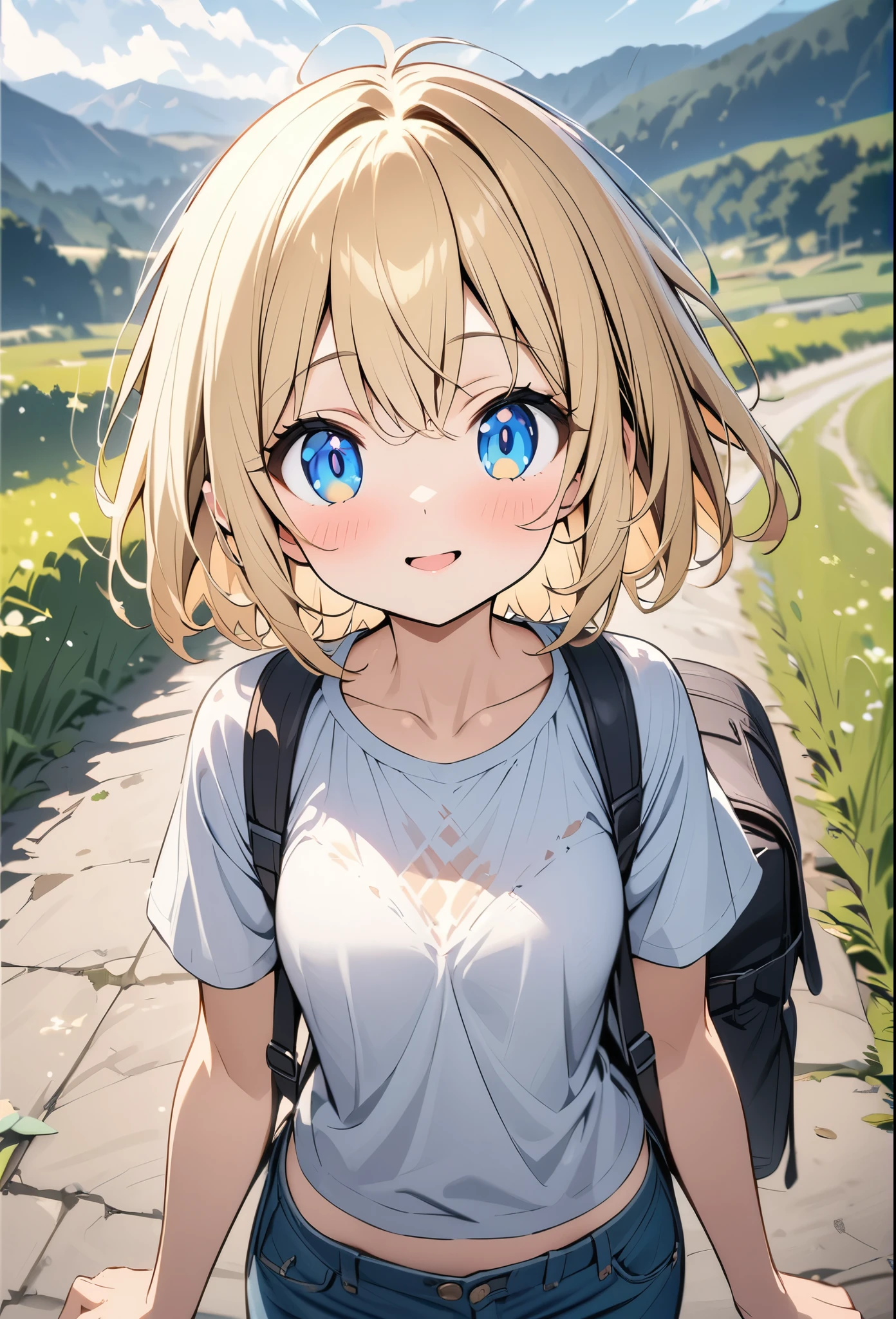 anime、デジタルanimeアート、Flat Design,(masterpiece:1.2)、high quality、High resolution、Very detailed、(Amazingly absurd:1.2)、(frogs eye view),Exotic lands、Girl carrying a backpack、Traveling alone、(Hitchhiking)、European countryside background、Short Bob、cute、Backpack、Patterned T-shirt、Half Jeans、Upper Body,blonde、blue eyes,Light production