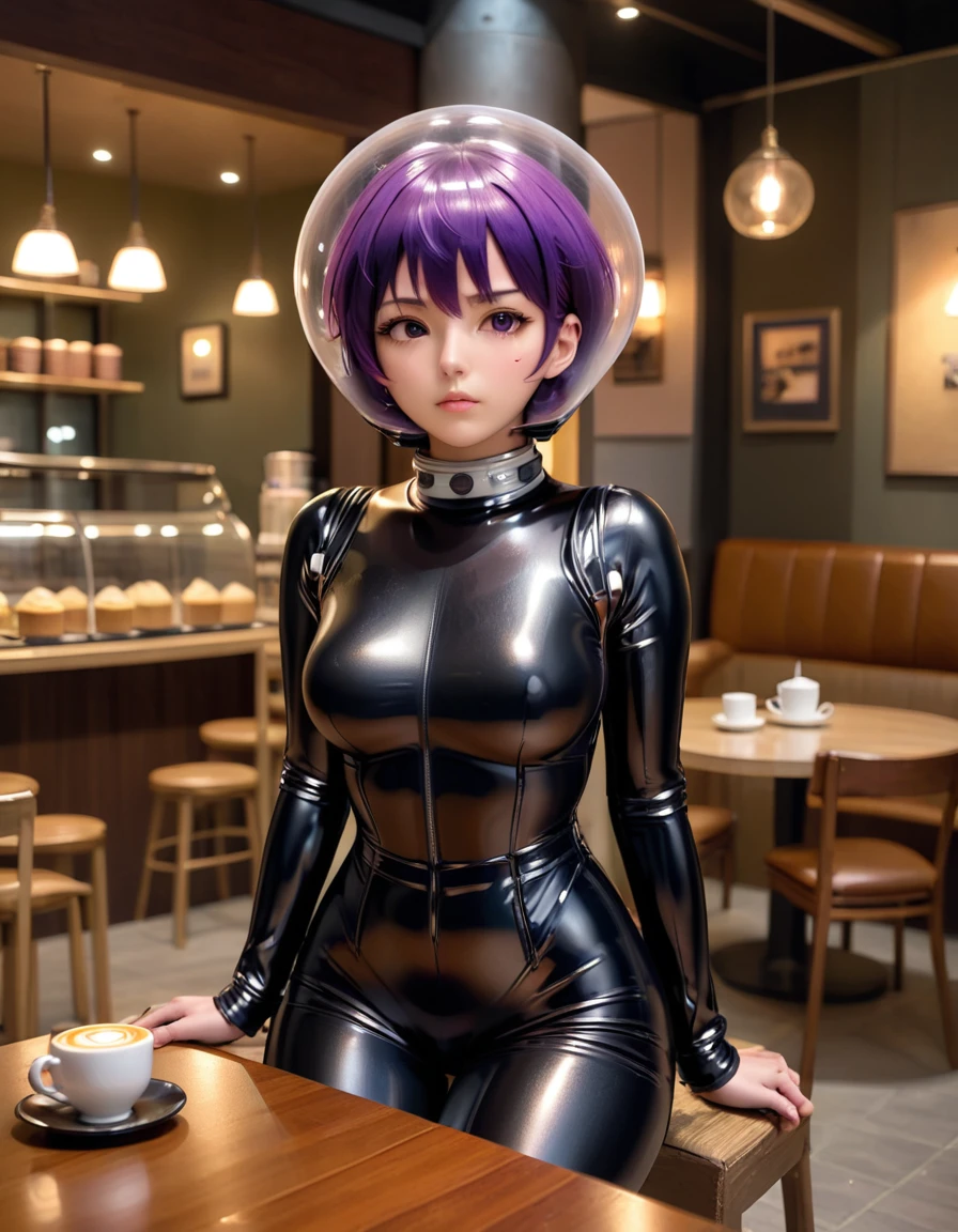  [[[[bubble helmet]]]], space helmet, ahegao, very short hair, eva helm, bondage, misato katsuragi,(purple hair:1.2),, bodysuit, latex, (top-quality、in 8K、32K、masterpiece、nffsw、超A high resolution、Impresionismo、Photorealsitic:1.2)、cowboy shot、sharp focus、detailed faces and eyes、(There is a plate of cake and coffee on the table, cafes, sitting on a mocha-colored table, dessert, Miniature Cafe Diorama, diner caffee, in coffee shop, cozy cafe background, enjoying coffee at a coffee shop, sitting in a cafe, shot with sony alpha 1 camera, 、Sharp pupils、Realistic pupils、beauitful face、18 year old beautiful girl、shinny skin、Medium Short
