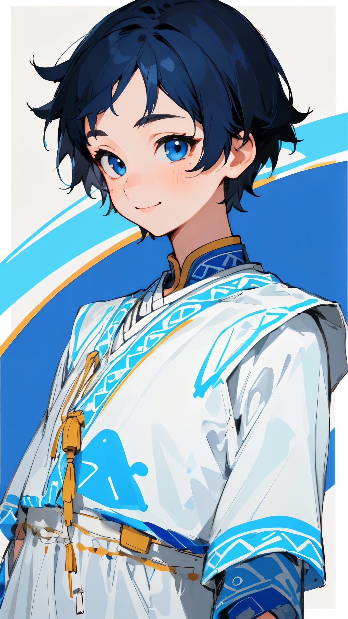 One Girl、solo、Short hair like a boy、Dark blue hair、blue eyes、smile、Upper body close-up、White dress with ethnic patterns、Line art、Simple Background