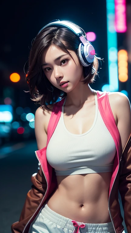 Stunning photorealistic of cute Asian teen with Over-ear headphones neon light ,wavy brown short hair in tight stretch tank top and  street jacket, low waist short pants ,exposed beautiful breast, medium long body shot, dynamic, very detailed, soft and sharp focus, high definition accent lighting, contrast, neon street sign bokeh blur background