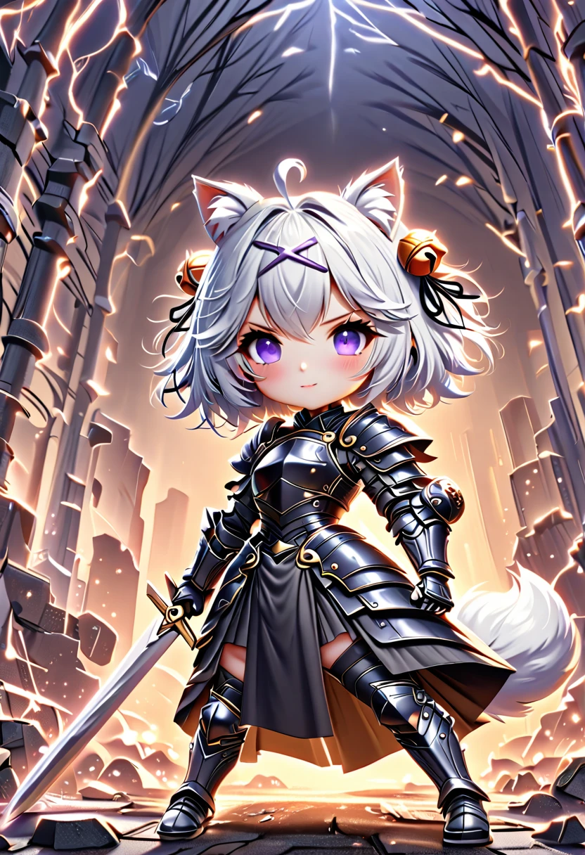 master piece, best quality, ultra-detailed, illustration, 1girl, solo, chibi, (big head), cute pose, front view, looking at viewer, ((full body Close up)), Filiansailor, (purple hairclip:1.3), (hair bell:1.3), white hair, short hair, cat ears, ahoge, purple eyes, blush, smiling, (fluffy tail), knight armor, black breastplate, black gauntlet, black armored skirt, black greaves, black armored boots, wielding sword, battlefield background, gloomy atmosphere, broken castle, broken walls, broken windows
