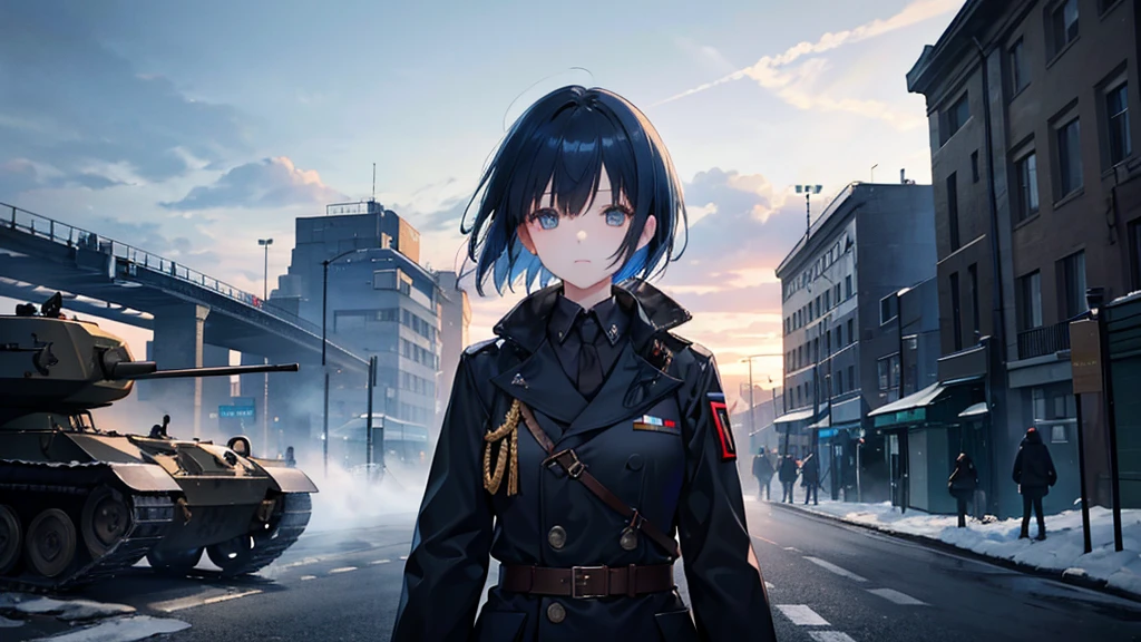 A girl with short blue hair wearing a black coat。The background is the battlefield of Berlin in 1945.。Wearing a German officer&#39;s cap。