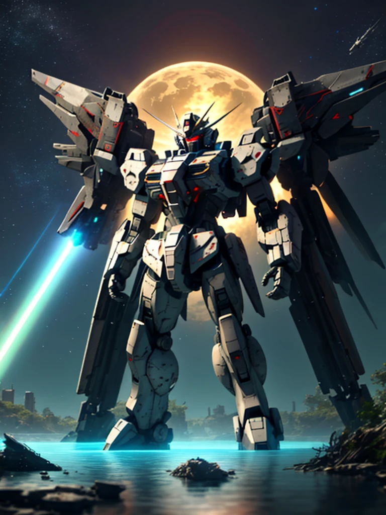 New launch century Gundam X, big moon, ((A fallen and destroyed space colony)), Desolate Land, Broken Building, Submerged town, lake surface, Floating on the water, (standing on tiptoe:1.8), Satellite Cannon, Beautiful scenery, high resolution, Beautiful night sky, Multicolored light, Clean light, large on the back４Feathers、water surface, Holding a huge beam cannon:1.8, ((carrying a large cannon on his 肩)), Fires a laser beam of incredible power、Laser beam from the moon、Super-high resolution、4K、countless stars、overlooking, I'm poised, Firing regime, Drone combat robot around、