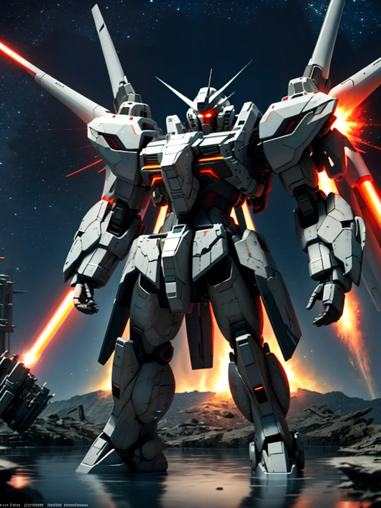 New launch century Gundam X, big moon, ((A fallen and destroyed space colony)), Desolate Land, Broken Building, Submerged town, lake surface, Floating on the water, (standing on tiptoe:1.8), Satellite Cannon, Beautiful scenery, high resolution, Beautiful night sky, Multicolored light, Clean light, large on the back４Feathers、water surface, Holding a huge beam cannon:1.8, ((carrying a large cannon on his 肩)), Fires a laser beam of incredible power、Laser beam from the moon、Super-high resolution、4K、countless stars、overlooking, I'm poised, Firing regime, Drone combat robot around、