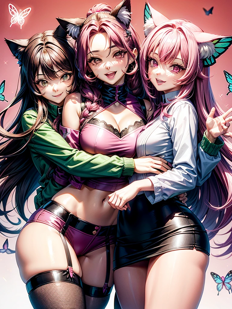 Magenta hair, brown eyes, older woman, long thick hair, pretty hair ornaments, smile face, happy, cat ears, sexy uniform outfit, butterflies, pink and green background 