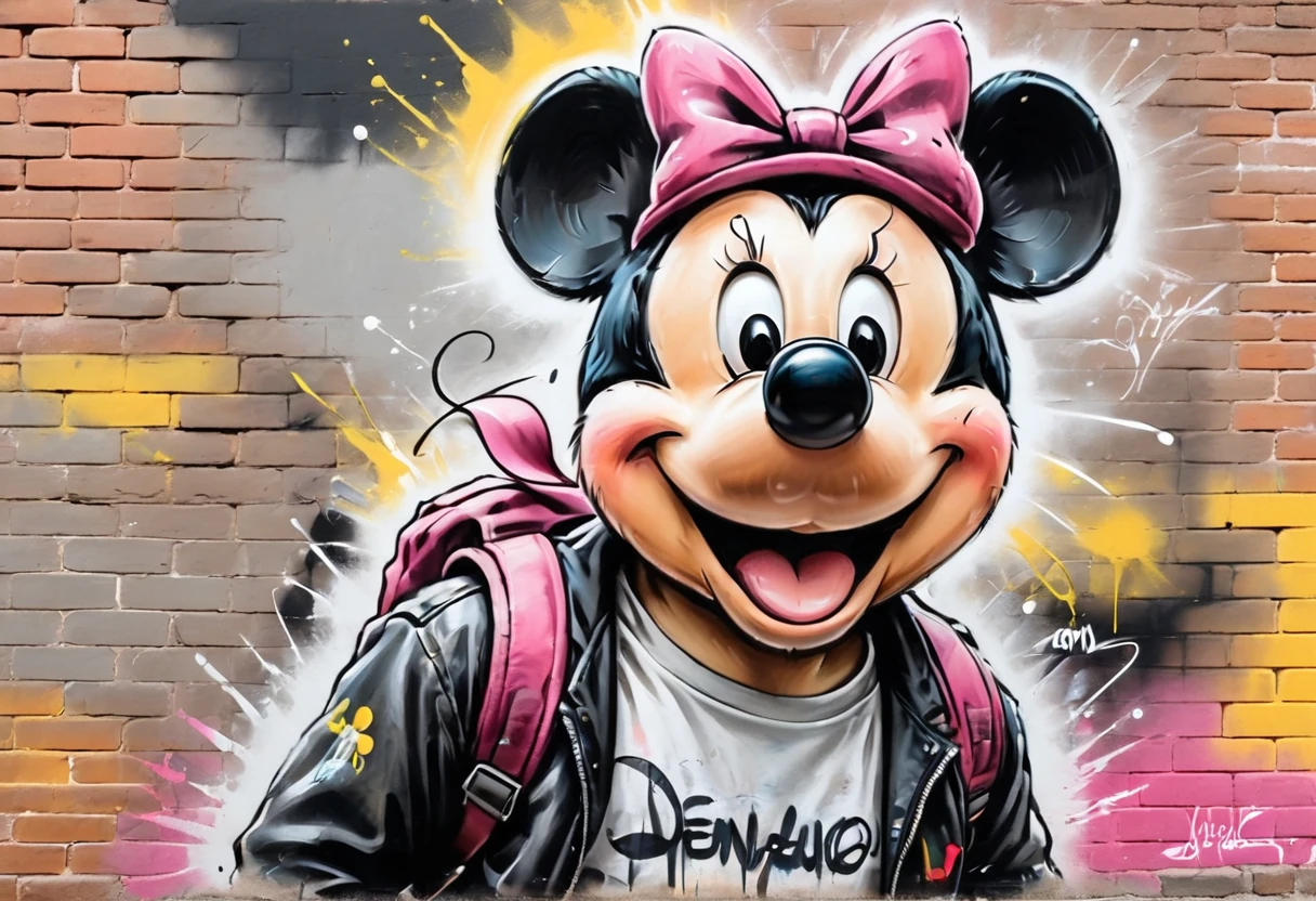 graffiti, pastel, graffiti on brick wall, spray paint on wall, colorful graffiti, street art, spray paint, street canvas, graffiti artist, graffiti art, spray art, spray art, (((old worn brick wall: 1.4))). (((spray paint cans: 1.3))). (((old worn brick wall: 1.4))),
Mickey Mouse style graffiti, with his signature pink hat and yellow bow tie. Mickey's girl is wearing a black jacket, black pants and black sneakers. She is carrying a backpack style: Antonio Mora, Andre Cohn, Arthur Bordalo, Bob Ringwood, Benedick Bana,Charcoal drawing, black pencil drawing,colored crayons