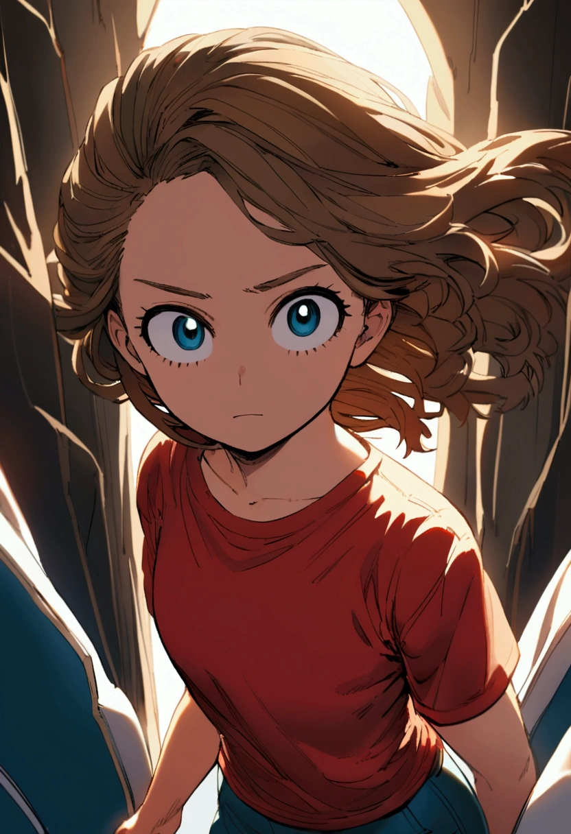 a 12 year old teenage girl with brown hair wearing a red t-shirt and cyan blue pants who has the power of healing ( anime my hero academia )