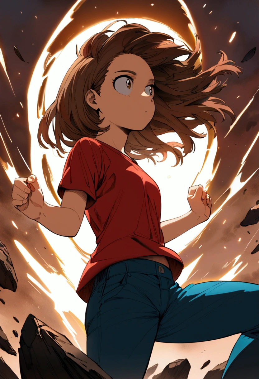 a  girl with brown hair wearing a red t-shirt and cyan blue pants who has the power of healing ( anime my hero academia )