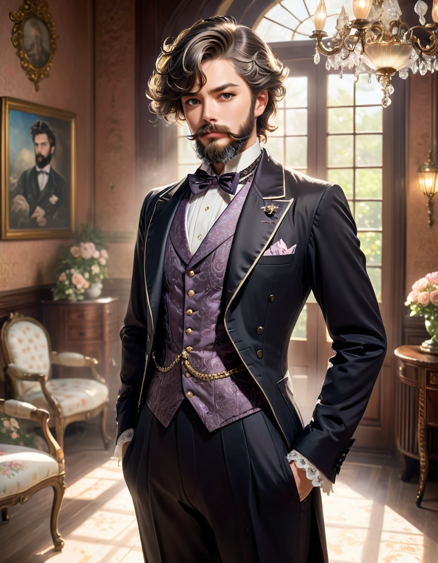 one dandy gentleman with a beard,Seventy-three parts of hair hardened with hair gel,wearing Lolita dress,(masterpiece), (best quality), (ultra-detailed), (illustration), (detailed light),(an extremely delicate and beautiful),natural light, wide angle shot,full body,and high quality photo.
