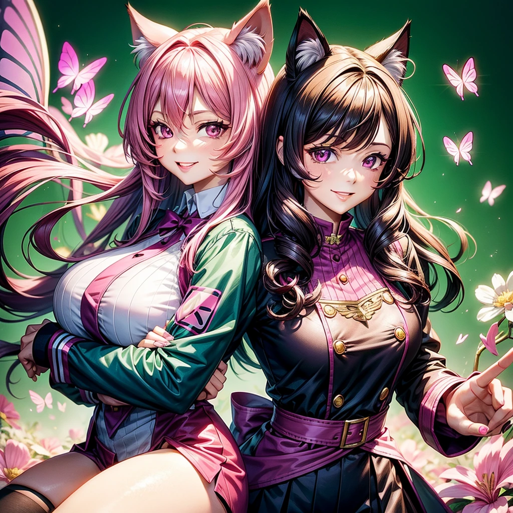 Magenta hair, brown eyes, older woman, long thick hair, pretty hair ornaments, smile face, happy, cat ears, sexy uniform outfit, butterflies, pink and green background 