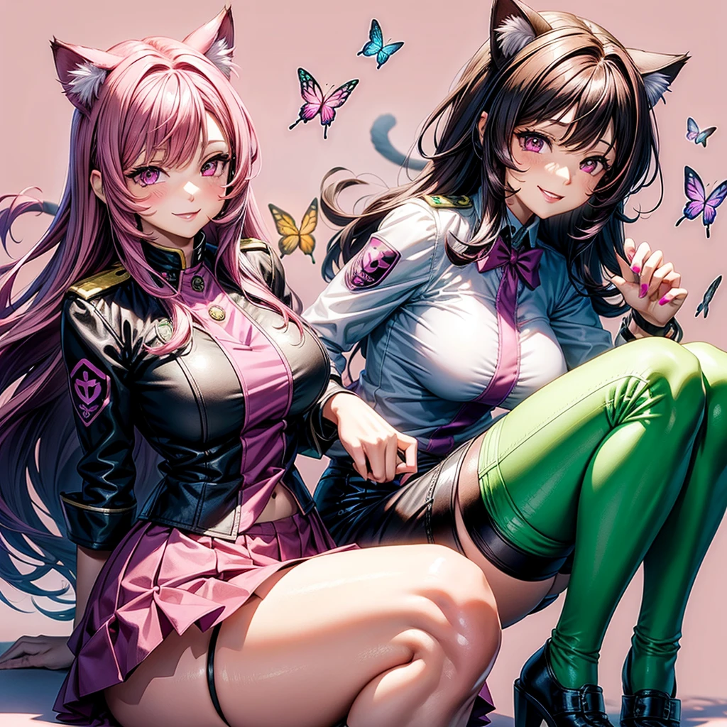 Magenta hair, brown eyes, older woman, long thick hair, pretty hair ornaments, smile face, happy, cat ears, sexy uniform outfit, butterflies, pink and green background