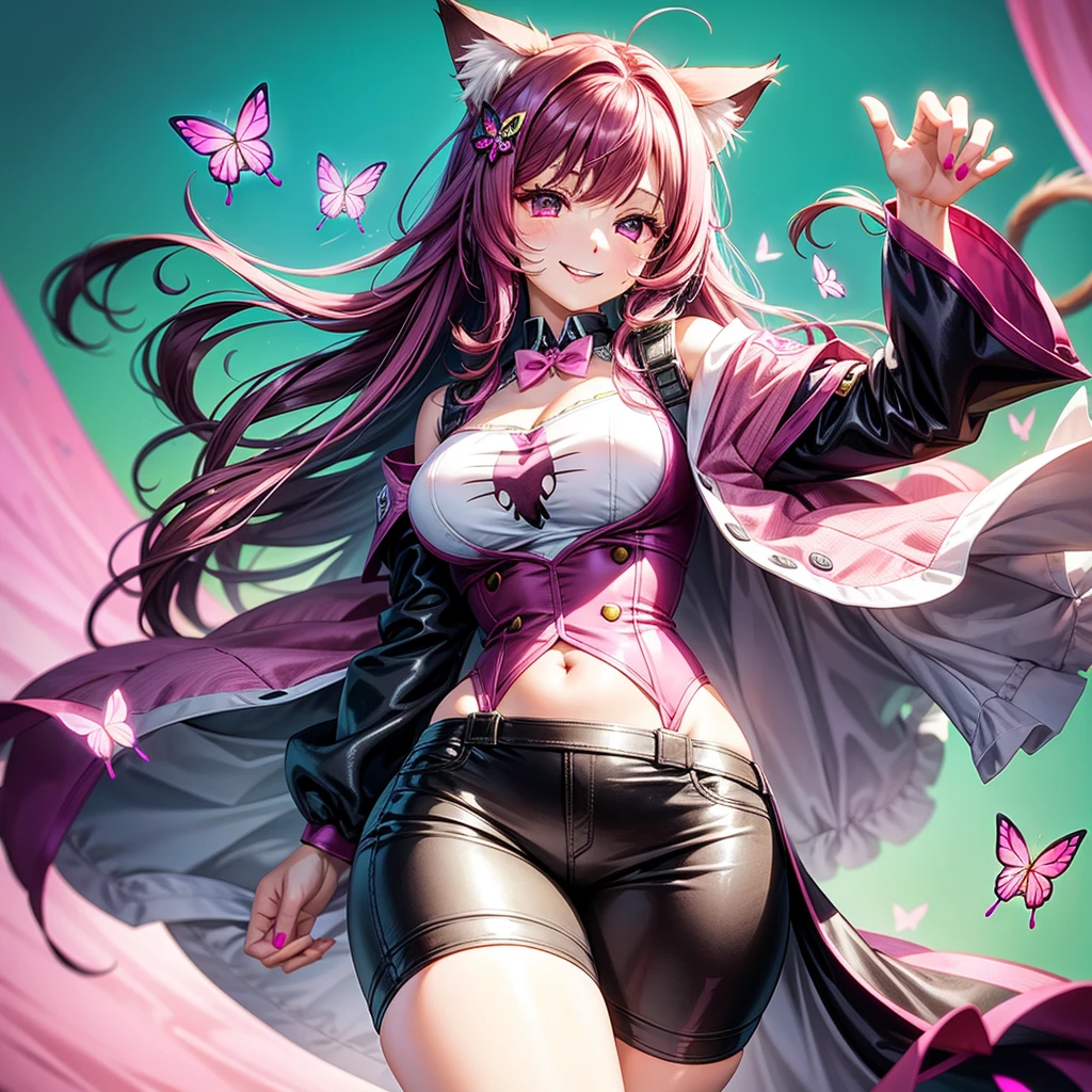 Magenta hair, brown eyes, older woman, long thick hair, pretty hair ornaments, smile face, happy, cat ears, sexy uniform outfit, butterflies, pink and green background