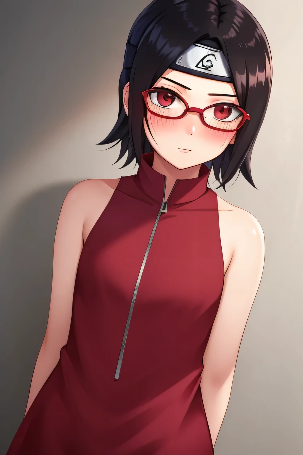 work of art, highest quallity, best qualityer, 1  boy, 1 girl, standing alone, looking ahead at viewer, age difference, 
Sarada Uchiha, bared shoulders, eyes black, Bblack hair, blush, red frame glasses, shorth hair, forehead protector, holding watermelon,