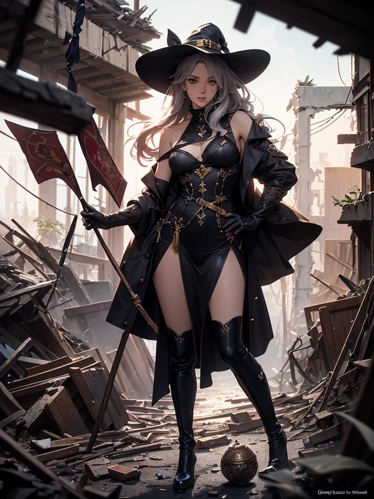 (by Greg Rutkowski: 1.2), (masterpiece), ((best quality)), extremely delicate and beautiful, illustration, highly detailed face and body. ((magician girl in the ruins of an ancient civilization, 1 girl, (close-up), witch, magic, high leg, bare shoulders, knee high boots, elbow gloves, hat, (sparkling eyes), gradient hair,)), ((Heavy clothing, Very warm clothes)), cool face, HD. elegance. photorealism. Unreal engine. From Brian Froud and Carne Griffiths and Wadim Kashin and John William Waterhouse, 8K post-production, high resolution, hyperdetailed, depth of field, HDR, intricate