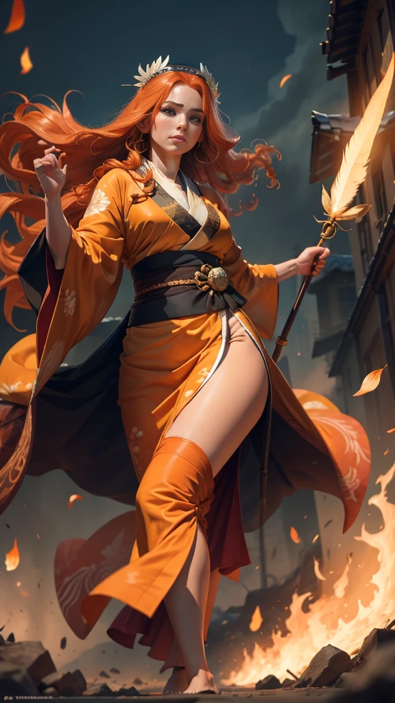 Young princess ((fighting monsters)), striking figure, long flowing ginger hair, wavy hairs, fair skin, (freckles), ((kolito)), innocent and regal appearance, expressive green eyes are filled with a mix of curiosity and determination, her slender frame, elegant grace, vibrant (((orange kimono))) with white and black decorations, very long sleeves, feather headdress, no background, combat pose, dynamic pose, holding a staff