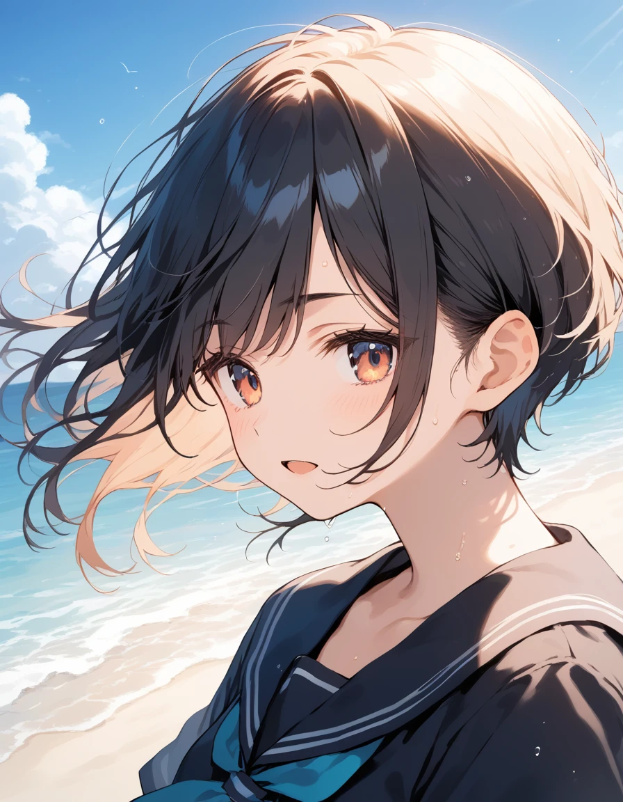 score_9, score_8_up, score_7_up, source_anime, best quality, masterpiece, official art, absurdres, highres, ultra-detailed,waifu2x,Collection: Slice of Life,break,1girl, tomboy, very short hair, pixie cut, breasts, beautiful detailed eyes, expressionless, serahuku, beautiful detailed eyes, sweat, open mouth, sleepily, outdoors, wind, beach,break,(clear line illustration:1.2), super detailed skin,very high resolution, very aesthetic, Best sexual lighting powered by famous artist, 8k,cute picture,beauty illustration,photoshop_(medium),,(Detailed Lighting),best anime 8k konachan wallpaper, pixiv contest winner,