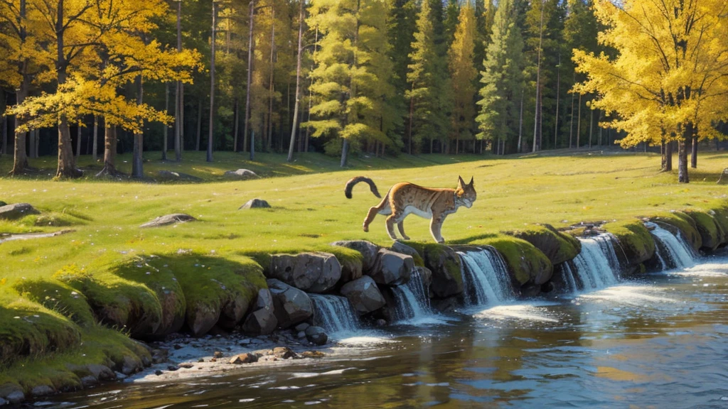 Northern lynx in Scandinavia landscape with rivers and yellow trees