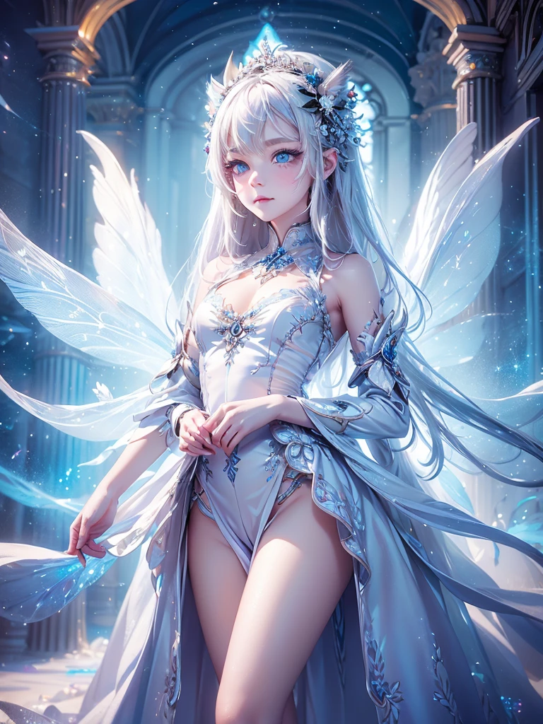 High quality, high resolution, fractal art, white hair and blue eyes, beautiful girl with long hair and white tiger, fairy wings on her back, white dress with delicate embroidery, fantasy art, fantastic flower field, soap bubbles, Korean glitter eye makeup, very delicate makeup, glitter, small breasts