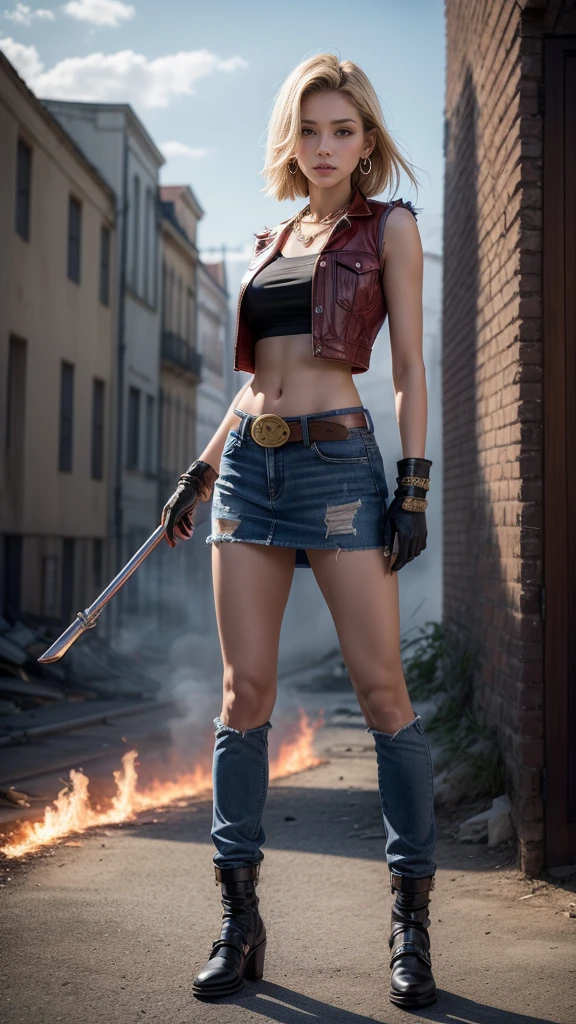 Moisturized skin,Realistic body,Android,(16 years old),(Girl),,,Collarbone,Earrings,Denim,(Cute face),
BREAK,
Bright red lipstick,(Beautiful navel),(Golden hair),Beautiful hair,Short hair,
BREAK,
((Masterpiece+Top quality+High resolution+Very detailed)), (Full body:1.2),Symmetrical,One shot,
BREAK,
(Wind blowing),Outdoor,
BREAK,
Assassination,,Fantastic,Dynamism,((In the middle of a war,Fighting stance),(Fires everywhere,Blood everywhere,Chaos),(Android 18),Jewelry,Denim,Belt,Vest,Black leather gloves,Necklace,Jeans,Pushing through hair,Blue eyes,Denim skirt,
