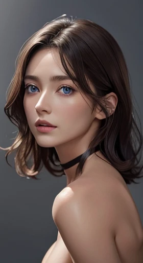 (No NSFW). Skin Tight Top:1.2, Looking at Viewer, Cinematic lighting, Perfect, softlight, High resolution skin:1.2, Realistic skin texture, 30 years old mature woman、a small face、no-makeup、, off shoulders, Bust B Cup、 Exposed cleavage, Blue eyes, Short-long hair, dark brown  hair、full nude、Gray background、with ((no choker)) neck, bare neck