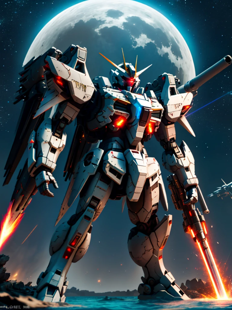 New launch century Gundam X, big moon, ((A fallen and destroyed space colony)), 闘う2体のロボット、Desolate Land, Broken Building, Submerged town, lake surface, Floating on the water, (standing on tiptoe:1.8), Satellite Cannon, Beautiful scenery, high resolution, Beautiful night sky, Multicolored light, Clean light, large on the back４Feathers、water surface, Holding a huge beam cannon:1.8, ((carrying a large cannon on his 肩)), Fires a laser beam of incredible power、Laser beam from the moon、Super-high resolution、4K、countless stars、overlooking, I'm poised, Firing regime, Drone combat robot around、