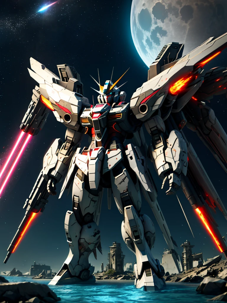 New launch century Gundam X, big moon, ((A fallen and destroyed space colony)), 闘う2体のロボット、Desolate Land, Broken Building, Submerged town, lake surface, Floating on the water, (standing on tiptoe:1.8), Satellite Cannon, Beautiful scenery, high resolution, Beautiful night sky, Multicolored light, Clean light, large on the back4Feathers、water surface, Holding a huge beam cannon:1.8, ((carrying a large cannon on his 肩)), Fires a laser beam of incredible power、Laser beam from the moon、Super-high resolution、4K、countless stars、overlooking, I'm poised, Firing regime, Drone combat robot around、