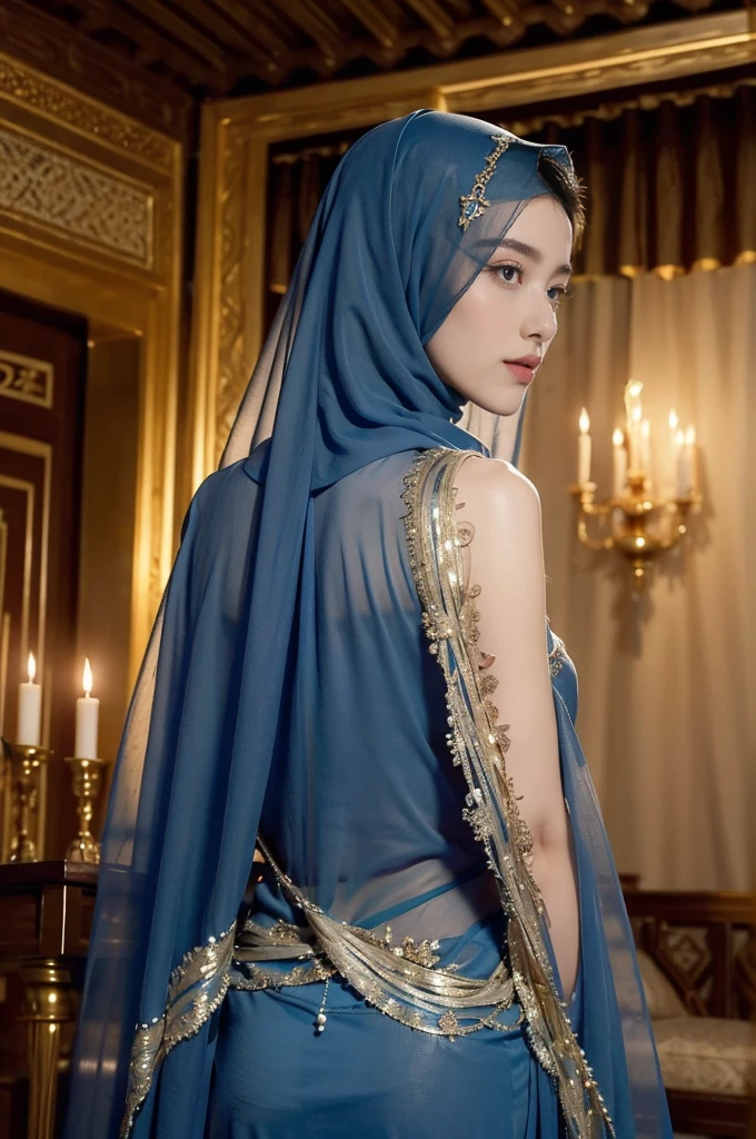 (((best quality))),(((ultra detailed))),(((masterpiece))),illustration,((1girl,Arabian dancer,solo)),(blue hijab:1.3),((slim,thin)),((bare back,towering hips,butt crack)),((earrings,necklace)),((pearls,jewels,gemstones)),(night scene:1.3),(standing:1.3),(in luxurious palace:1.3),(indoor:1.3),(gorgeous embroidered blue sheer abaya:1.3), intricate patterns,((Arabian theme,Middle Eastern culture)),(shoulder length straight hair:1.2),(sheer veil on face:1.3),mystery, ornate furnishings, decorations, enchantment, magic, Persian magic carpet,night sky, floating,Aladdin's lamp, flame, fulfillment of desires,candlelight,romance,One Thousand and One Nights, coherent narrative, dreamlike atmosphere, deep emotions, graceful movements, passion, face beneath the veil, beloved's dream, timeless beauty, enchantment,magical world, wondrous journey,((from back,upper body))