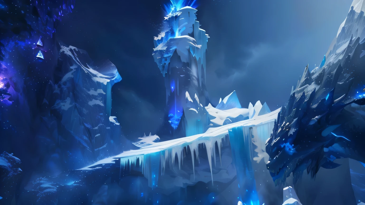 there is a very large ice cave with a waterfall and a dragon, winter concept art, pillars of ice background, icey tundra background, frostbite 3 rendered, 8k hd wallpaperjpeg artifact, 8 k hd wallpaperjpeg artifact, vast ice dungeon, dota 2 concept art, ice lord, league of legends concept art, frost dragon