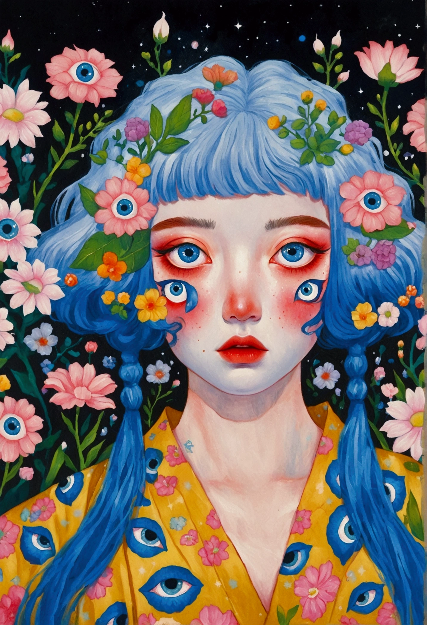 painting of a woman with blue hair and blue eyes surrounded by flowers, Pop Surrealism lowbrow art style, lowbrow Pop Surrealism, japanese Pop Surrealism, third - eye visions, starry eyes, third eye, Pop Surrealism, portrait of a mystical giant eye, psychedelic illustration, many eyes on head, mystical eyes, Pop Surrealism art style, pop - surrealism，kimono