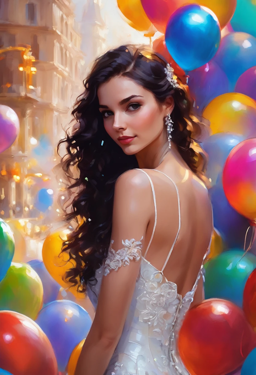 Birthday, portrait, close-up, brunette girl with black hair, long curly hair, impeccable beauty, Impeccable anatomy, celebration, joy, happiness, solemn atmosphere, balloons, beautiful sheath evening dress, White dress, art in the style of Stanley Lau, art in the style Greg Rudkovsky, gorgeous digital painting, --stylize 400, --style scenic,
