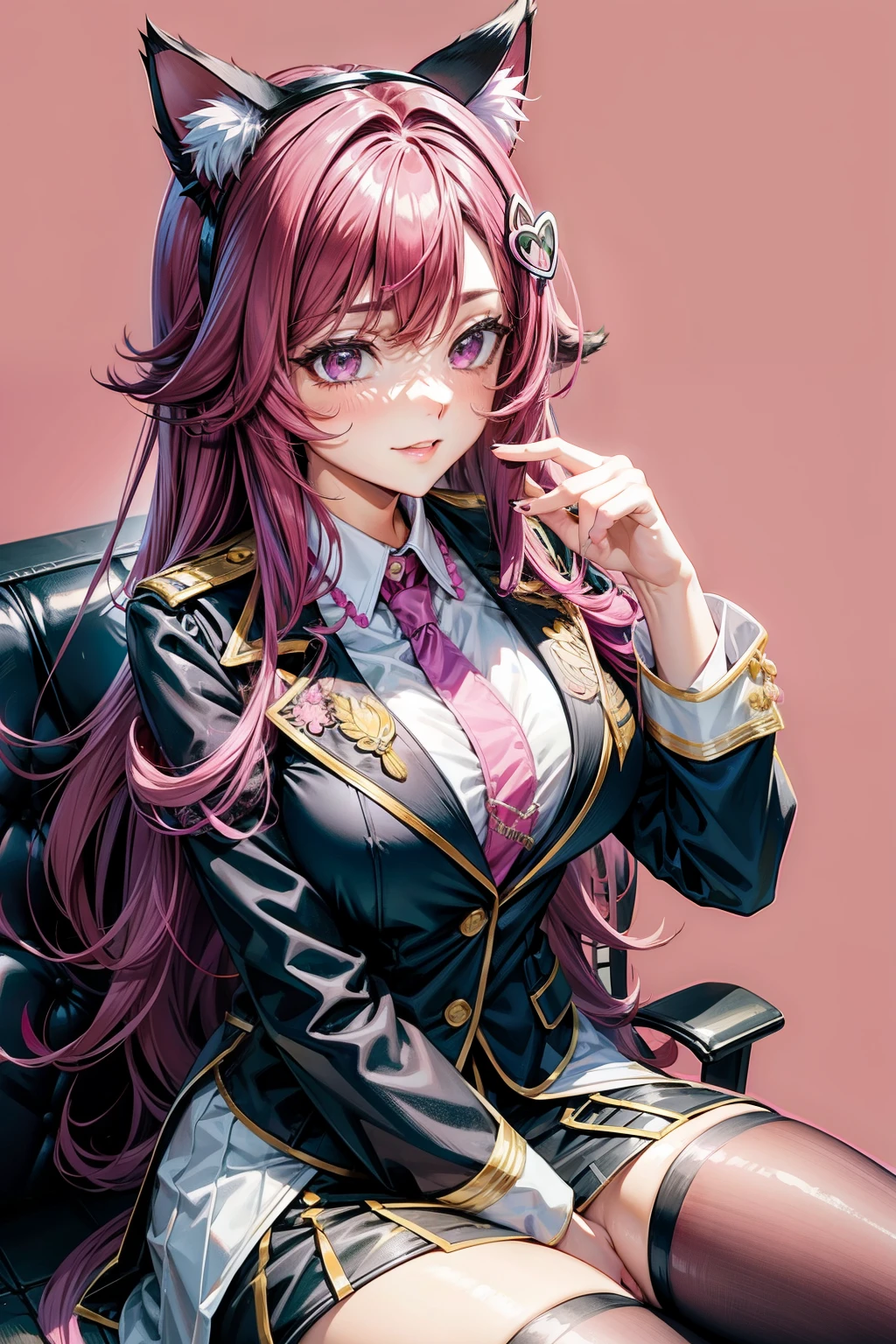 Magenta hair, brown eyes, older woman, long thick hair, hair ornaments, happy, cat ears, sexy uniform outfit, pink and green background, sitting down
