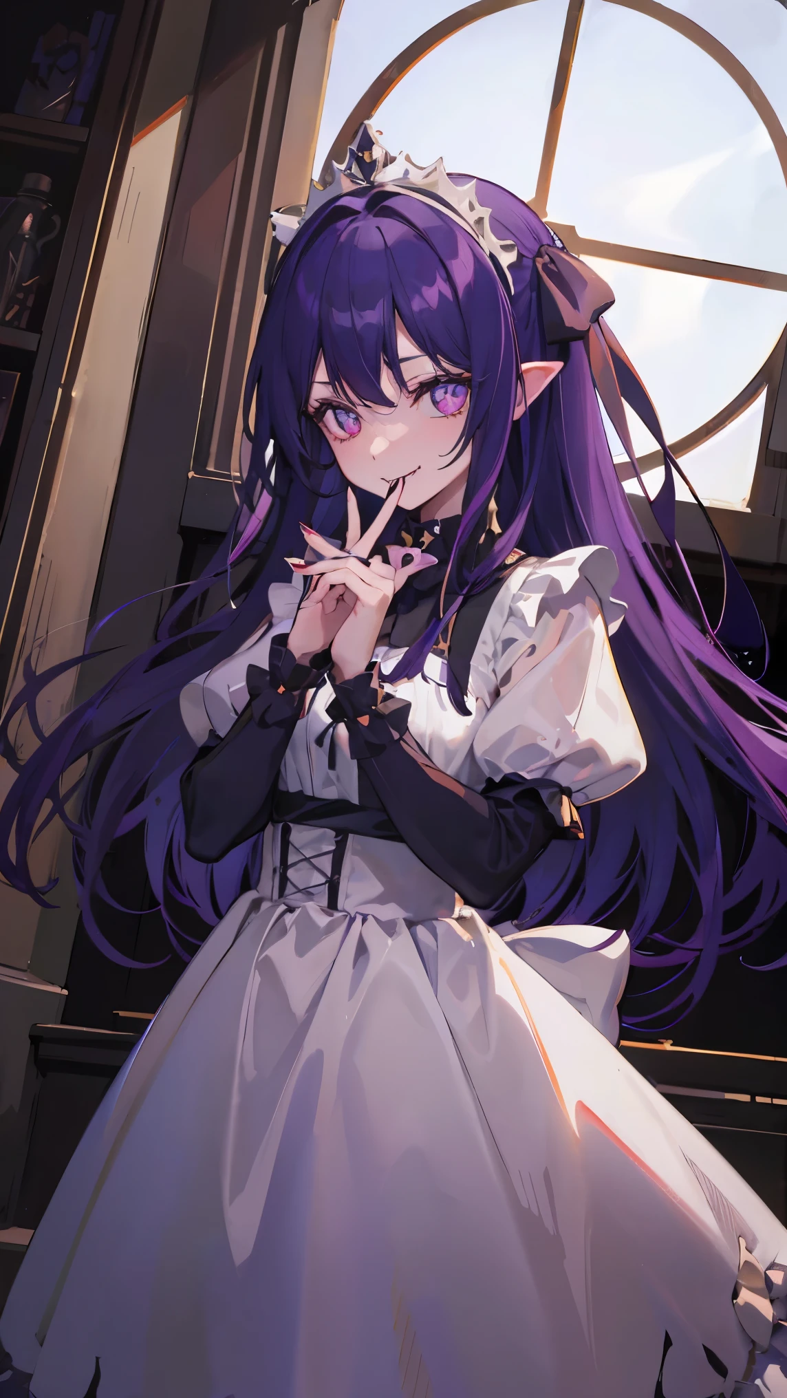 (purple hair, hime cut), tiara, mismatched sclera, evil smile, Baroque, chiaroscuro, masterpiece, accurate, high quality, best quality, high details, super detail, Vampire, aristocratic vampire, dark castle interior, moonlight shining through a window into a dark room, at night, Gothic Lolita, Gothic Lolita costume, background (bats flying around), Standing halfway up the stairs, Detailed hands, detailed fingers, pointed nails, nail art, Fangs protruding from the mouth