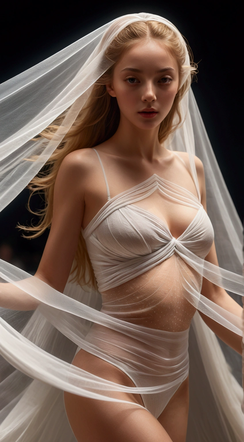 image of a {girl hiding++ behind+ a tulle sheet and mask_veil(detailed fabric texture++, showing the weave and folds)walking in provocative stunning pose, a moment with a heavenly transition luminescent movement background,(clear color:1.2)(cameltoe:1.2), walking stance behind tulle sheet, walking as on catwalk+, high pose as model, large busty+, shiny skin, shiny hair++, luminous hair dressed, glowing hair, cover one eye, side view, view from below++, lower angle cam, UHD, intricate detailed, 8k, best quality ever, masterpiece, super detailed, unleashed creativity, beyond imagination, dramatic light}, detailed fabric texture, showing the weave and folds