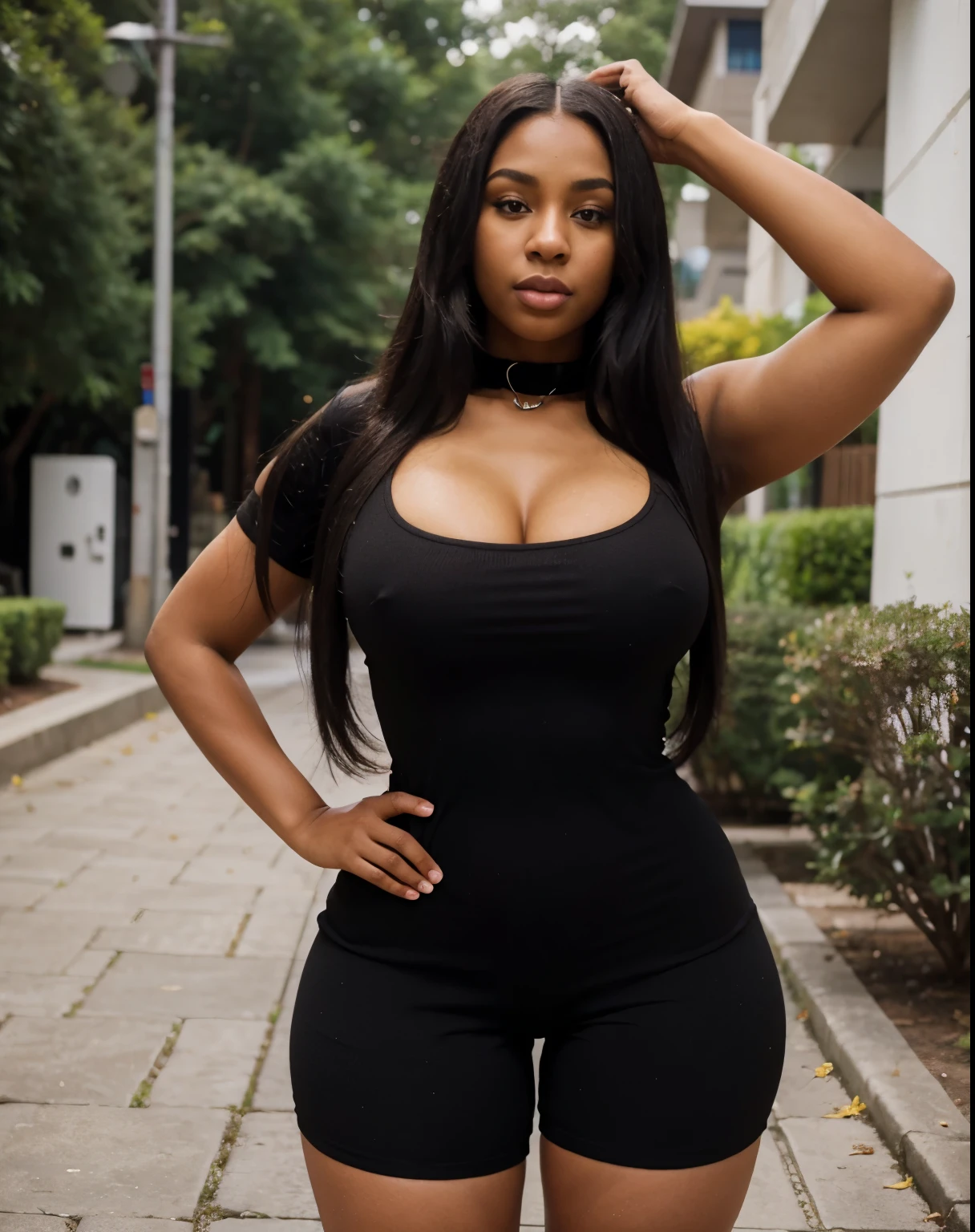 Mixed black ethnicity, curvy girl, long straight hair, Women's Short Sleeve Bodycon Romper Stretchy Square Neck Sexy Unitard Jumpsuit, sexy pose, outside, wide hips, curvy body