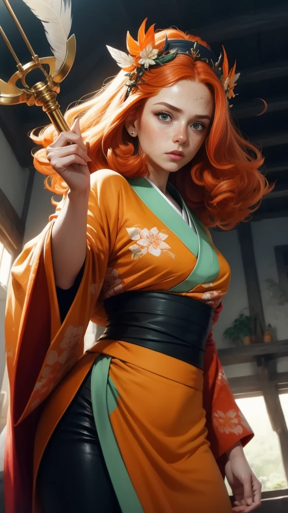 portrait, Young princess ((fighting monsters)), striking figure, long flowing ginger hair, wavy hairs, fair skin, (freckles), ((kolito)), innocent and regal appearance, expressive green eyes are filled with a mix of curiosity and determination, her slender frame, elegant grace, vibrant (((orange kimono))) with white and black decorations, very long sleeves, feather headdress, no background, combat pose, dynamic pose, holding a staff