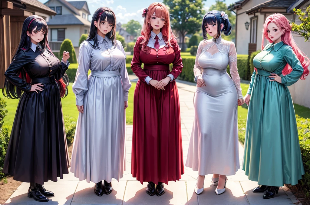 High detailed, 4 girls, different colored hairs, different hairstyles, busty, firm plump body, matching uniforms, matching physique, long dress, Juliet sleeves, posing together, group of 4 girls