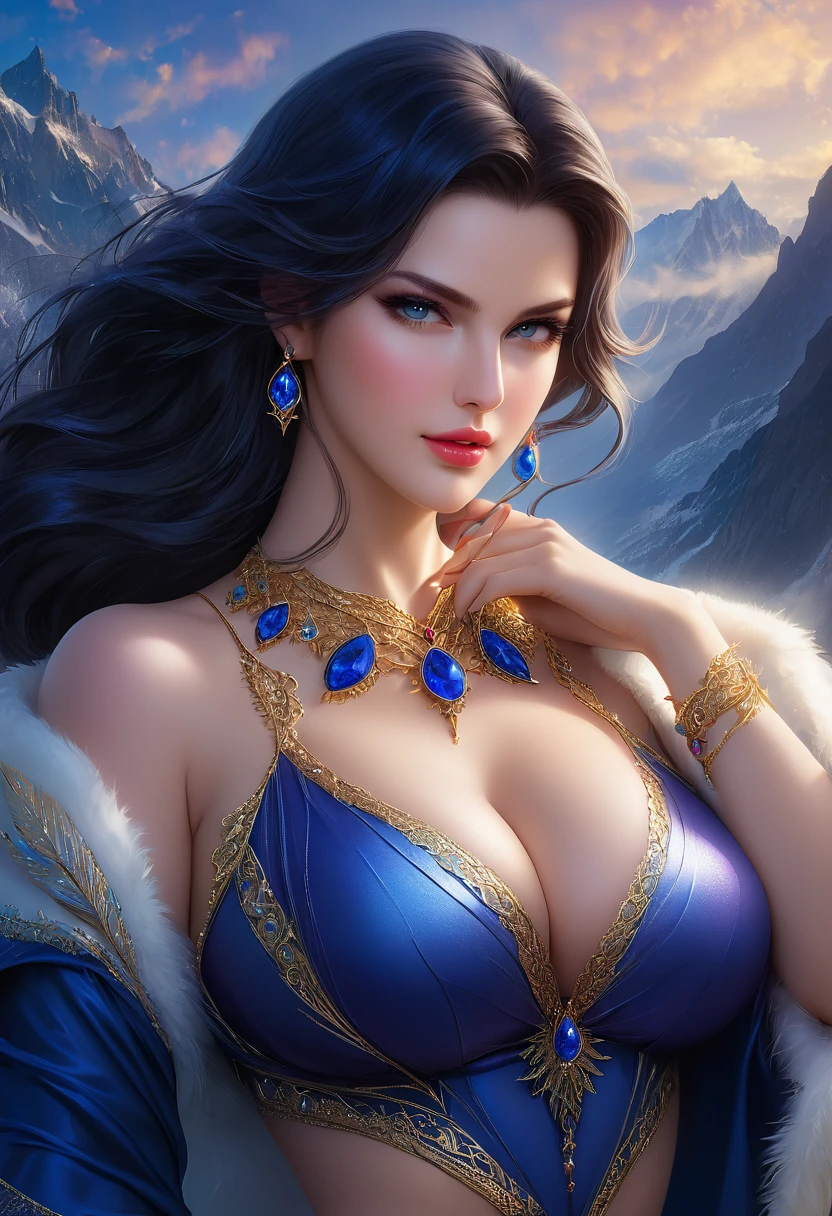 In a mesmerizingly portrayal, thick women busty, beautiful elf women Fahriye evcen front view, with a sapphire necklace Age 28, open-minded, intimate, fetching, cover,, trending on artstation, highly detailed, vibrant, production cinematic character render, ultra-high-quality model, golden ratio manhwa, manhua, background mysterious, does not produce same pose when remixed., a woman busty and medium t, 8k, thick lengs, hiding both of her palm behind her back